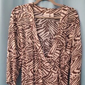 Chico’s Zebra Print Semi-Sheer Wrap Top | Size 2 | Brown & Cream